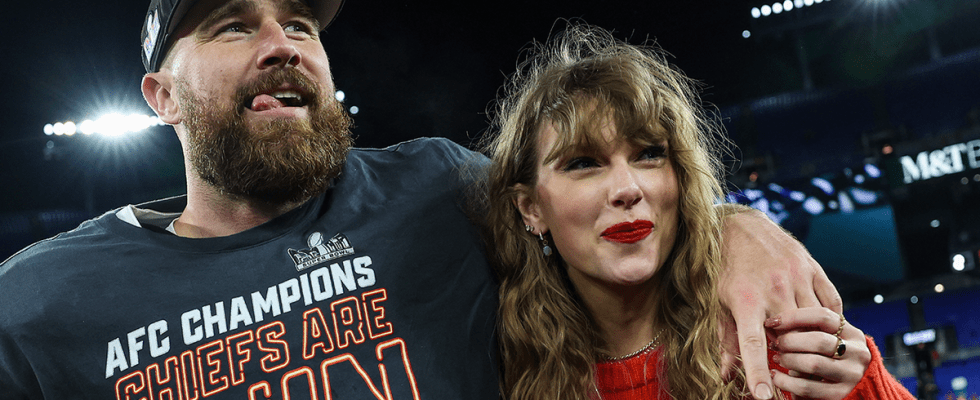 Travis Kelce #87 of the Kansas City Chiefs (L) celebrates with Taylor Swift after defeating the Baltimore Ravens in the AFC Championship Game at M&T Bank Stadium on January 28, 2024