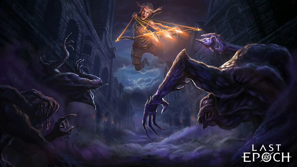 Image of female blond archer preparing to shoot fire arrows at dark creatures in Last Epoch artwork.