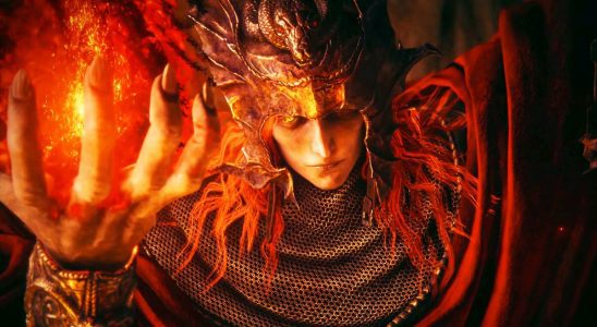 Elden Ring Shadow of the Erdtree trailer screencap of a red haired character holding fire in their hand