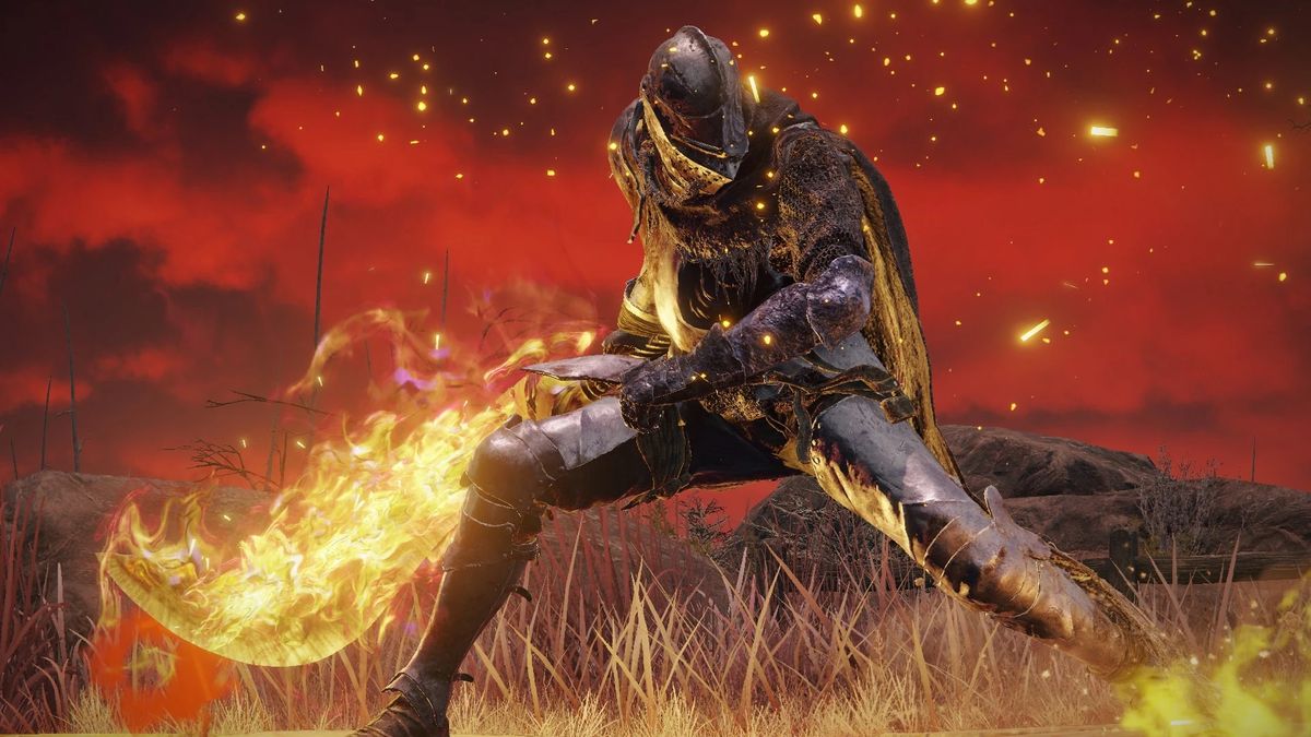 Elden Ring Vyke in front of red sky holding flaming sword in crouched position