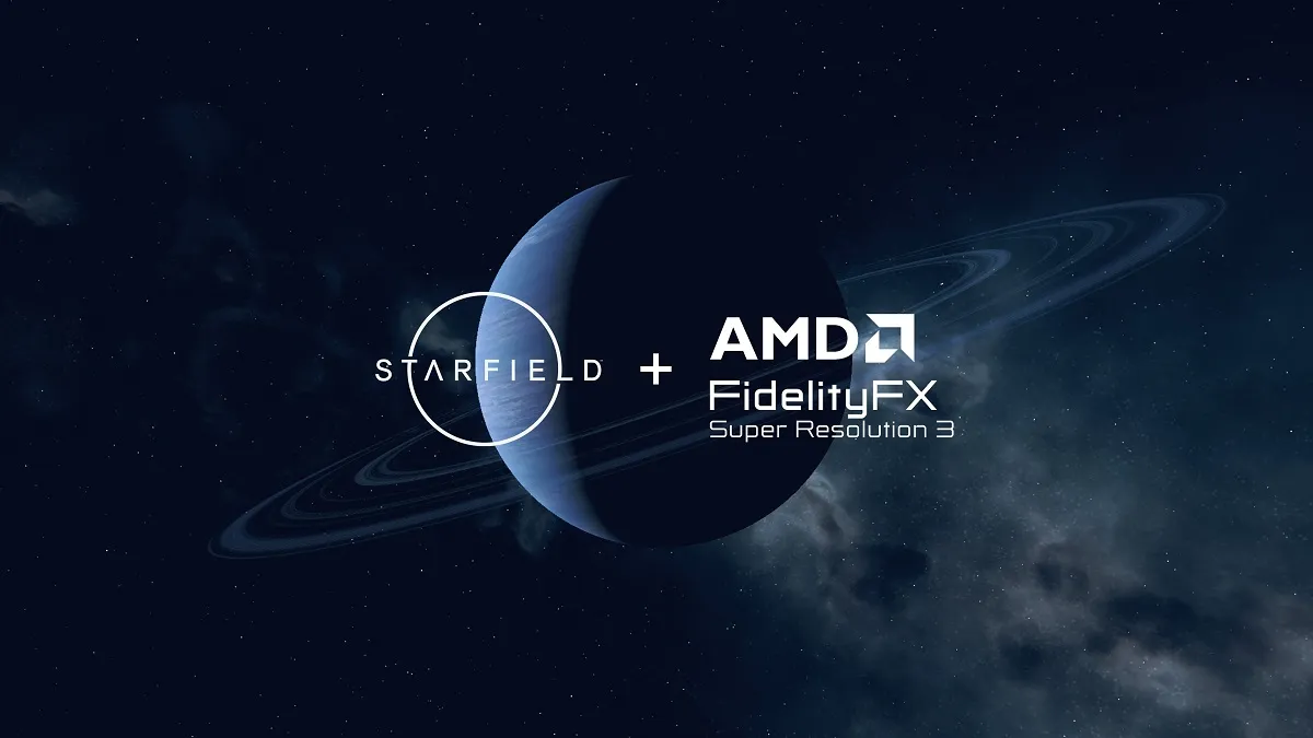 Starfield logo and AMD logo in space with a dark planet behind them.