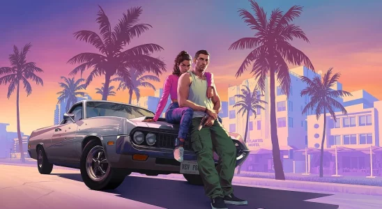 Grand Theft Auto 6: a man and a woman lean on the hood of silver car as the sun goes down behind them.