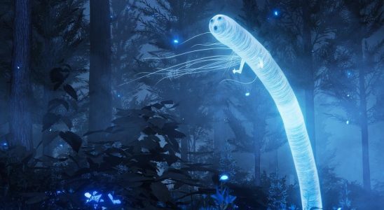 Glowing ethereal worm with simple surprised face and tiny hands in shrouded blue forest