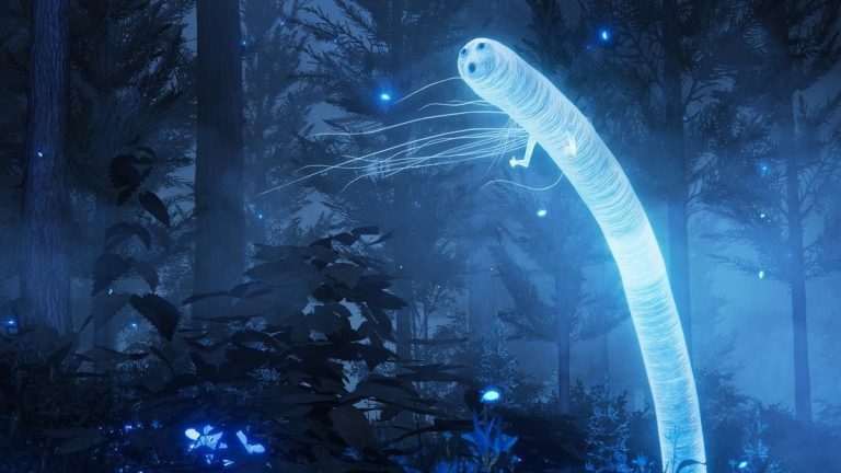 Glowing ethereal worm with simple surprised face and tiny hands in shrouded blue forest