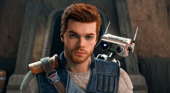 Star Wars Jedi: Survivor — a mugshot-like screenshot of Cal Kestis as he appears in the upcoming Jedi sequel, with droid companion BD-1 looking over his shoulder.