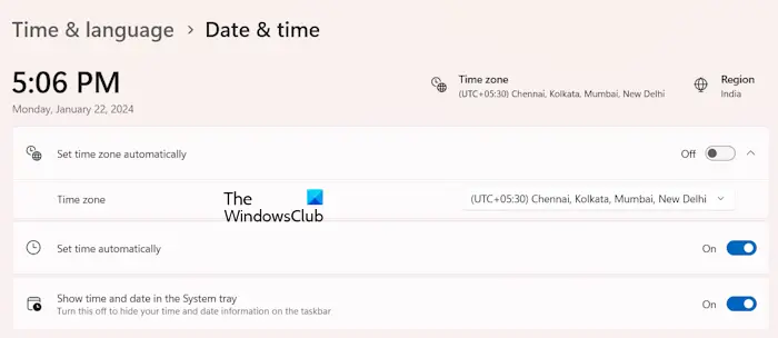 Paramètres d'heure et de date Windows 11