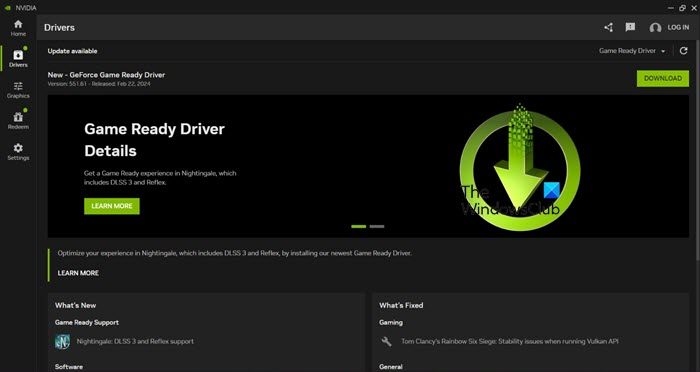 Onglet Pilotes dans l'application NVIDIA