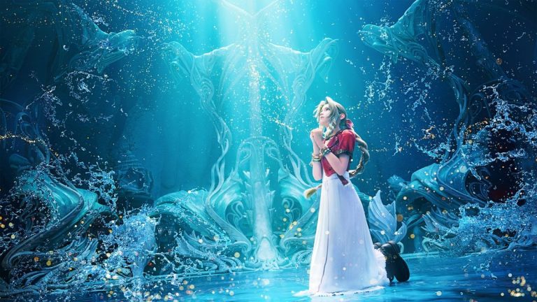 Aerith prays against a watery backdrop in Final Fantasy 7 Rebirth