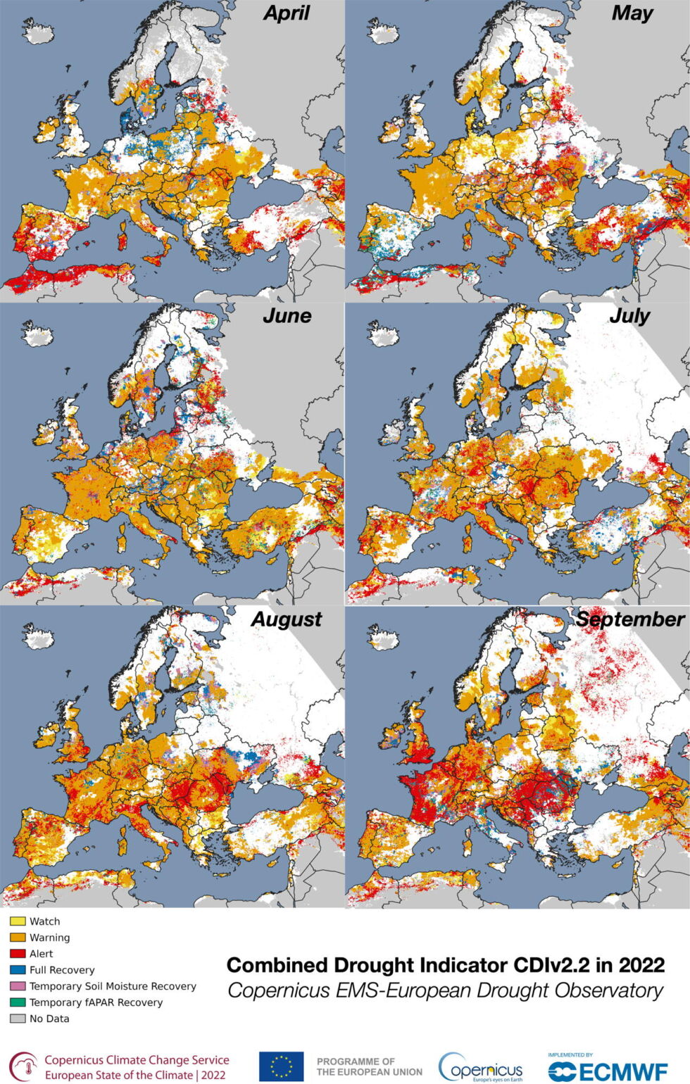 L'indicateur combiné de sécheresse, utilisé pour identifier les zones touchées par la sécheresse agricole et les zones susceptibles de l'être, est estimé pour les 10 premiers jours de chaque mois d'avril à septembre 2022. 