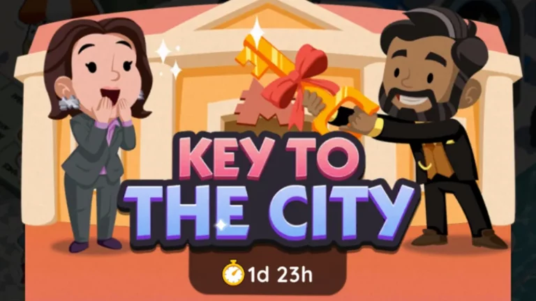 An image from the Monopoly GO Key to the City event showing a man holding a key to the city as a woman looks on in awe.