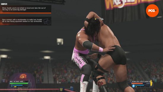 Revue de WWE 2K24 : Bret Hart demande à Stone Cold Steve Austin de préparer un Superplex.