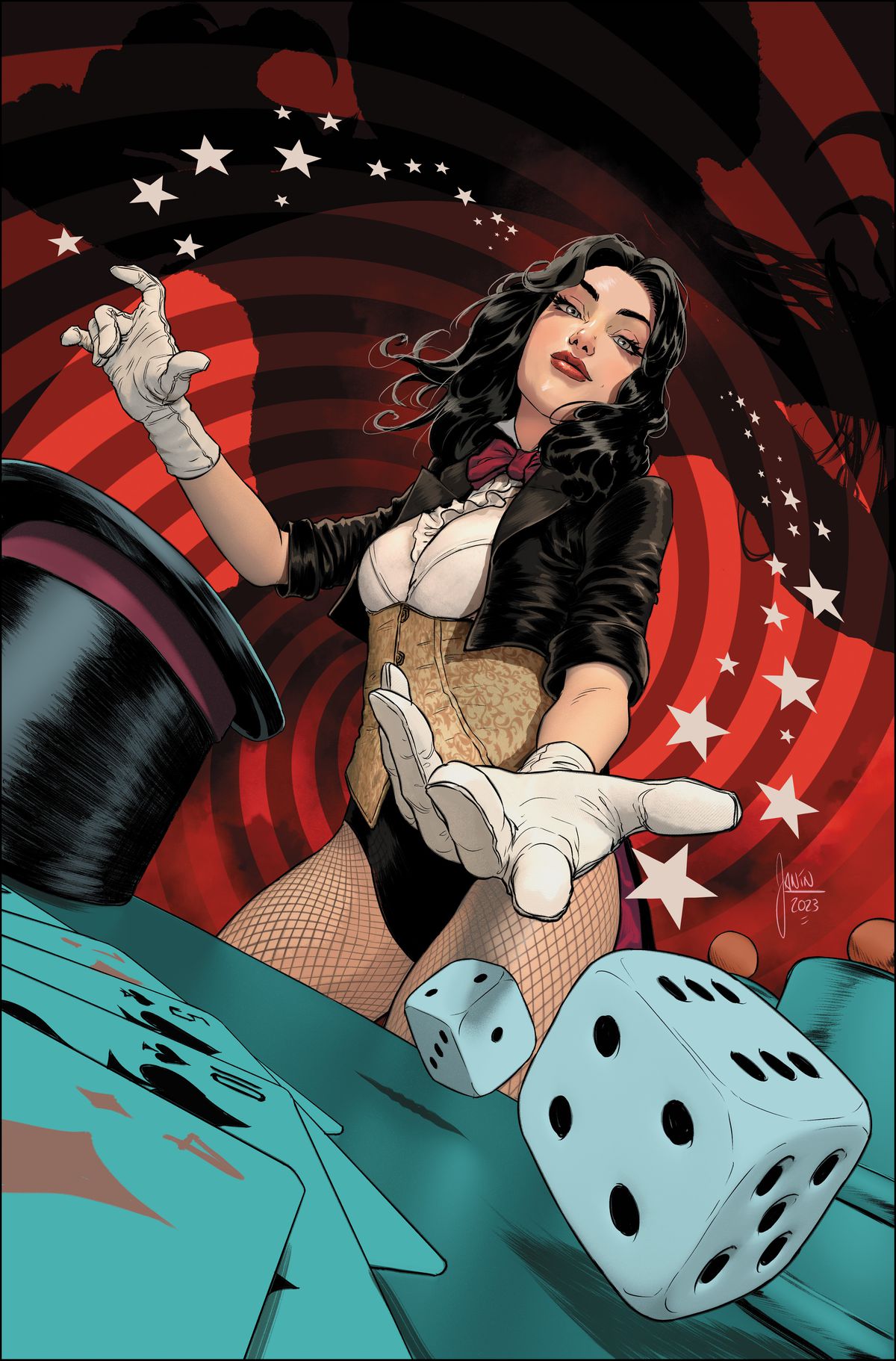 Sur fond de spirales et d'étoiles, Zatanna lance les dés sur une table recouverte de cartes à jouer. 