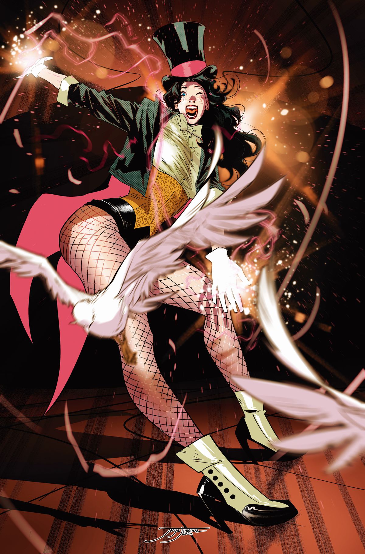 Zatanna pose de manière dynamique, des étincelles magiques brillantes jaillissent de ses mains, des colombes blanches s'envolent loin d'elle.