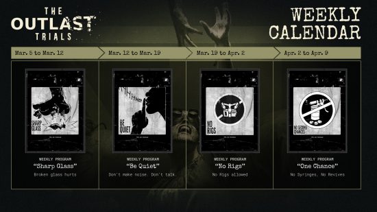 The Outlast Trials - Calendrier des programmes hebdomadaires à venir.