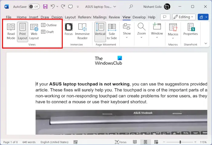 Changer le mode d'affichage dans Word