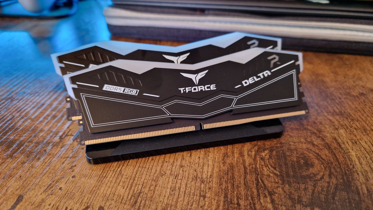 T-Force Delta RGB DDR5 sticks in black on a stand