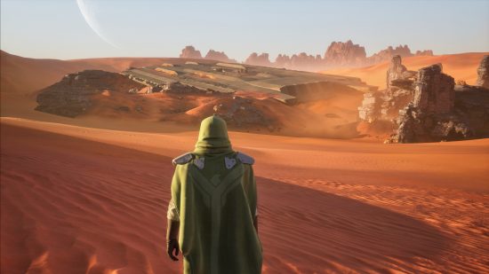 Dune Awakening : une silhouette masquée se tient au milieu d’un immense désert.