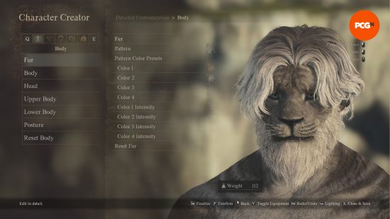 Créateur de personnage Dragon's Dogma 2 - Un personnage Beastren aux cheveux gris en cours de construction, avec des options de motifs de fourrure sélectionnées.