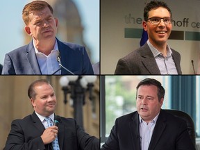 Quatre prétendants à la direction du Parti conservateur uni.  Dans le sens des aiguilles d'une montre, en partant du coin supérieur gauche : Brian Jean, Doug Schweitzer, Jason Kenney, Jeff Callaway.