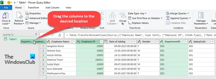 Réorganisation des colonnes dans Power Query