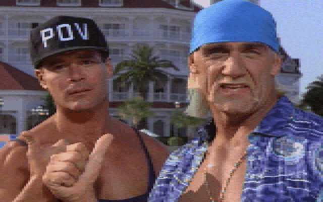 Les protagonistes de Thunder in Paradise Interactive font un high-five.