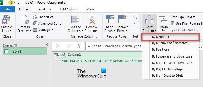 Fonctionnalité de fractionnement de colonne dans Power Query