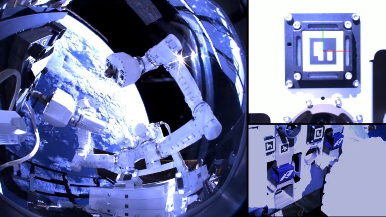 Le robot autonome de Gitai installe un panneau à l’extérieur de l’ISS, montrant les réparations orbitales en action