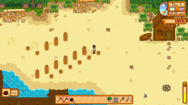 Utiliser la houe dans Stardew Valley pour collecter rapidement de l'argile