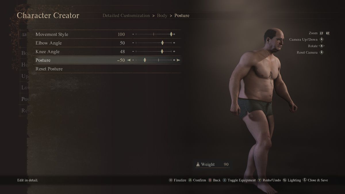 L'écran de posture dans le créateur de personnage de Dragon's Dogma 2, montrant un homme d'âge moyen, corpulent et chauve, en sous-vêtements, marchant légèrement courbé.