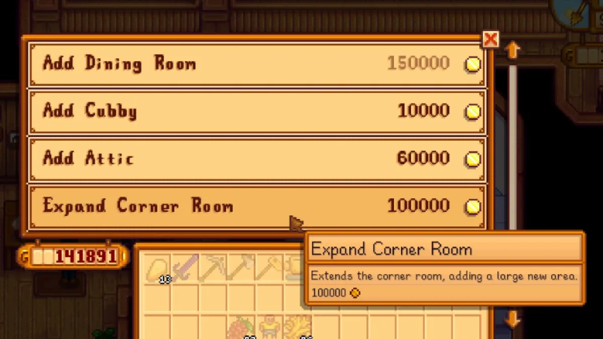 Surclassement de chambre d'angle étendu à Stardew Valley 1.6