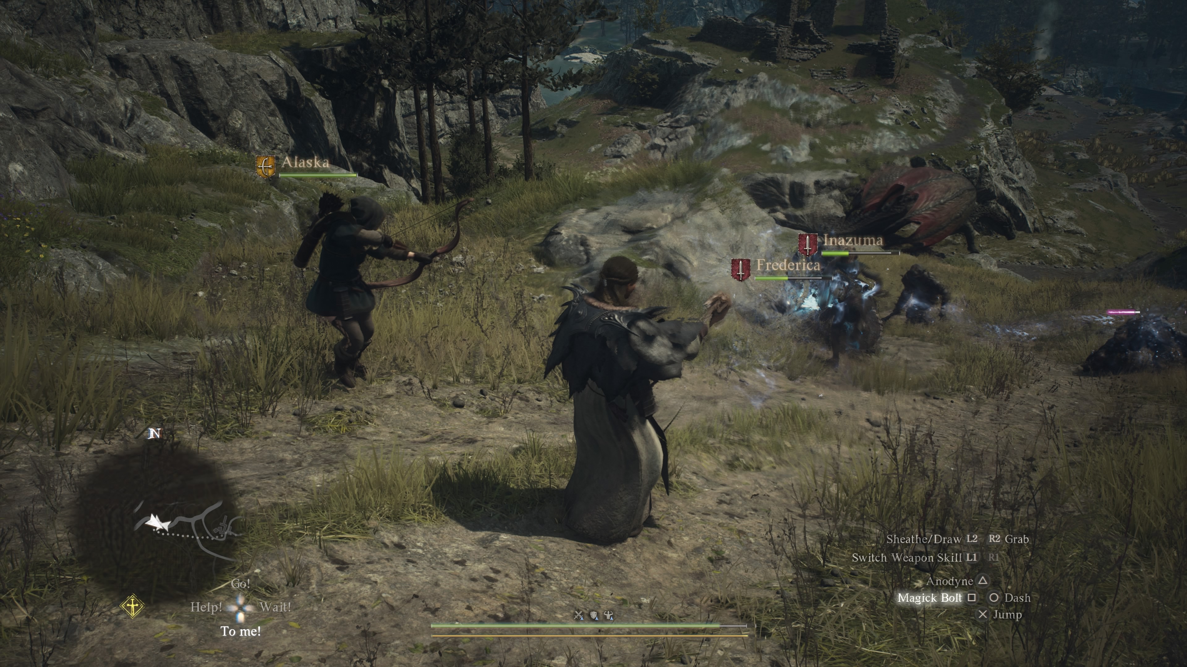 Capture d'écran de Dragon's Dogma 2 montrant des combats avec magie et tir à l'arc