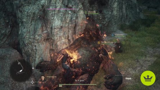 Pions de Dragon's Dogma 2 : Un groupe de personnages s'accrochant à un cyclope renversé pour l'attaquer pendant qu'il est en feu.