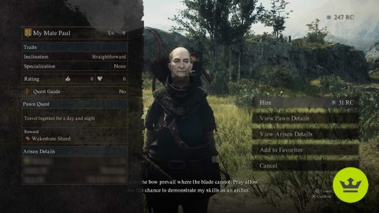 Pions de Dragon's Dogma 2 : Un pion créé par le joueur appelé « Mon compagnon Paul » au centre de l'écran, avec un texte de menu de chaque côté.