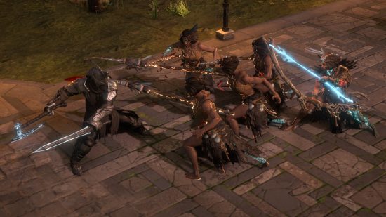 Path of Exile Necropolis - Le joueur combat un groupe de guerriers.