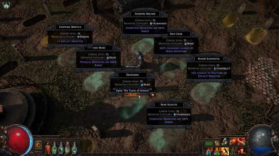 Path of Exile Necropolis - Plusieurs cadavres sont enterrés dans un cimetière, chacun offrant un bonus d'artisanat au joueur.