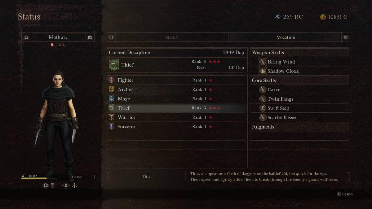 Dragon's Dogma 2 comment passer au niveau supérieur rapidement : une capture d'écran de mon écran de statistiques de vocations.