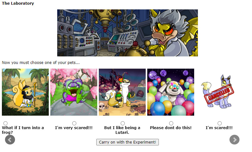 Une capture d'écran du Lab Ray dans Neopets avec un animal clairement sous-habillé et étiqueté ANNULÉ