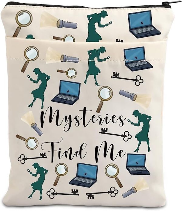 pochette de livre beige avec texte noir qui dit "Mystères, trouve-moi".  Autour du texte se trouvent des graphiques d'ordinateurs portables, des loupes et la silhouette d'une femme tenant une loupe.