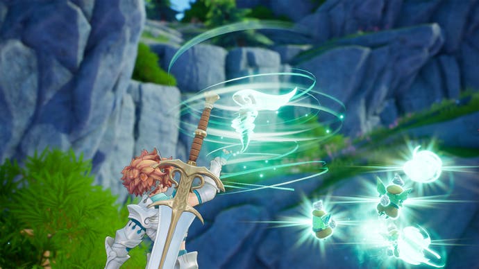 Le protagoniste de Visions of Mana atteint les esprits tourbillonnant dans l'énergie éolienne verte