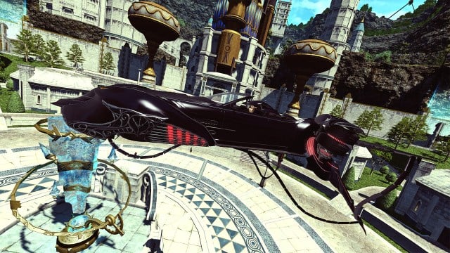 La monture collaborative FFXV et FFXIV, la Regalia, une voiture noire pouvant accueillir quatre personnes qui peut également voler