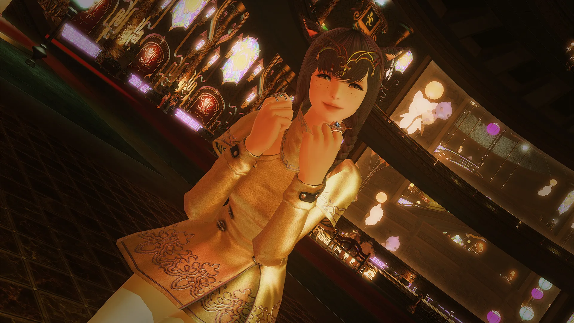 A Final Fantasy XIV (FFXIV) Miqo'te in the Gold Saucer, she is also wearing glamour available as MGP rewards