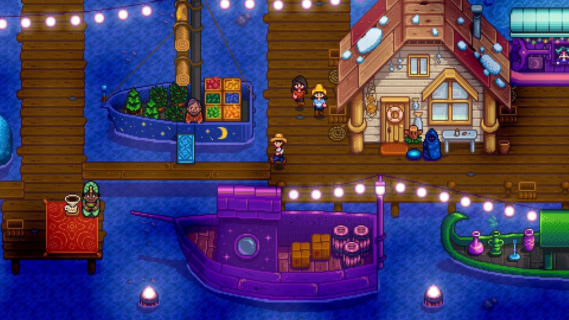 stardew farmer running on the dock