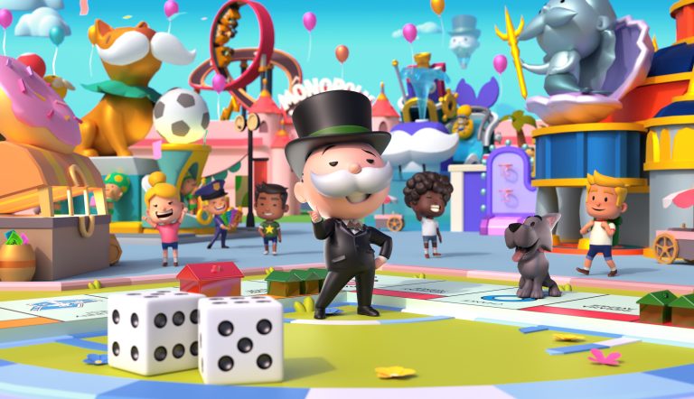 An image showing Rich Uncle Pennybags in Monopoly Go standing on a board next to some dice as part of an article on whether the game's servers are down, or if it's having other issues, such as crashing.