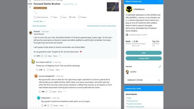 Helldivers 2 PDG dans les commentaires de Reddit