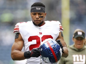 Saquon Barkley des Giants de New York s'échauffe contre les Seahawks de Seattle.