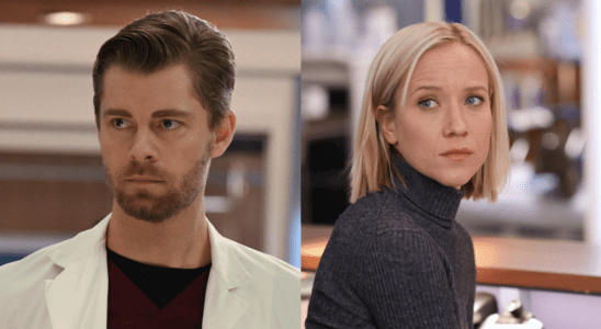 Luke Mitchell as Dr. Mitch Ripley and Jessy Schram as Dr. Hannah Asher in Chicago Med Season 9