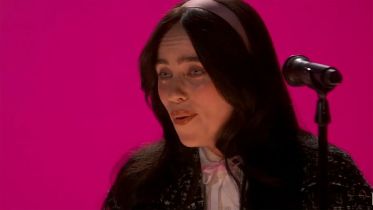 Billie Eilish performing at the Oscars 2024