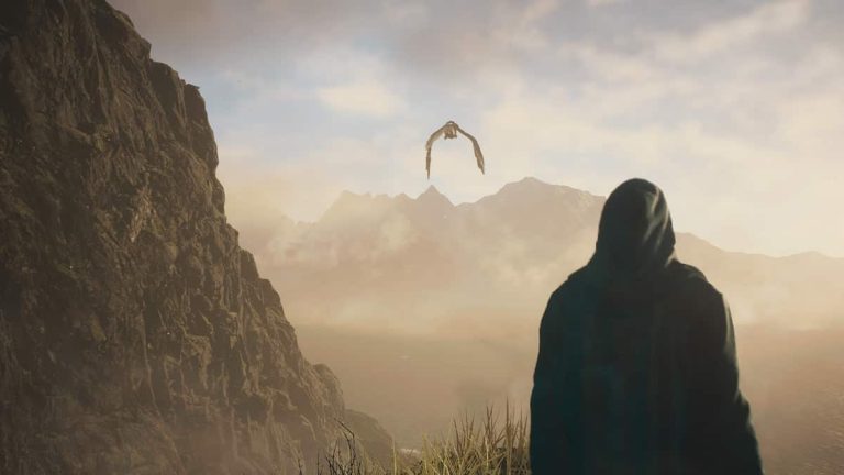 Dragon's Dogma 2 screenshot of a hooded character looking at a flying monster