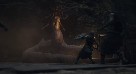 Dragon's Dogma 2 screenshot of a medusa monster and a petrified character