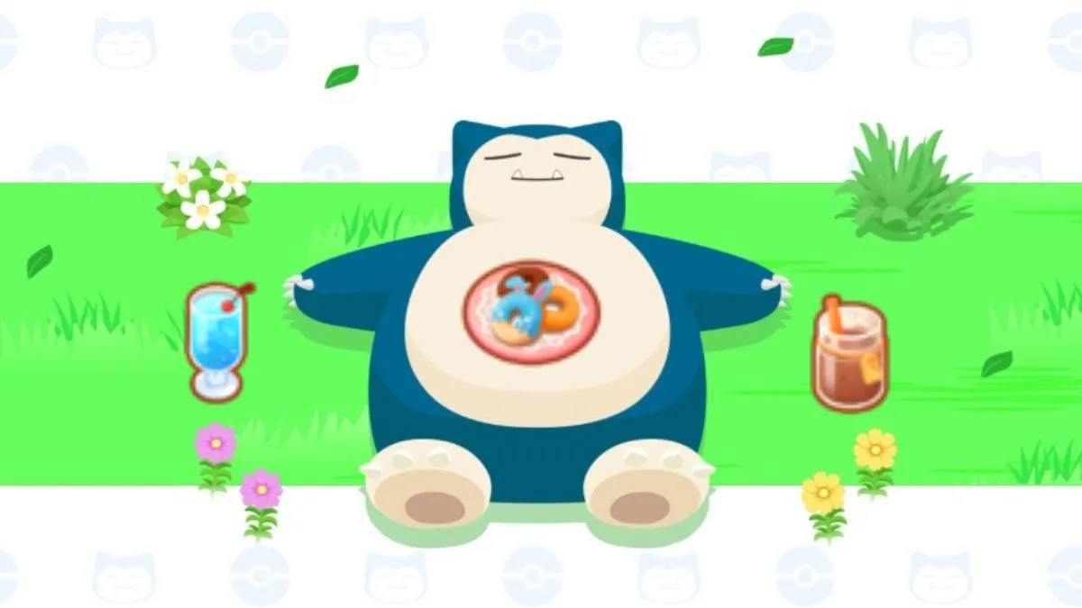 Snorlax from Pokemon Sleep, surrounded by various drinks and desserts